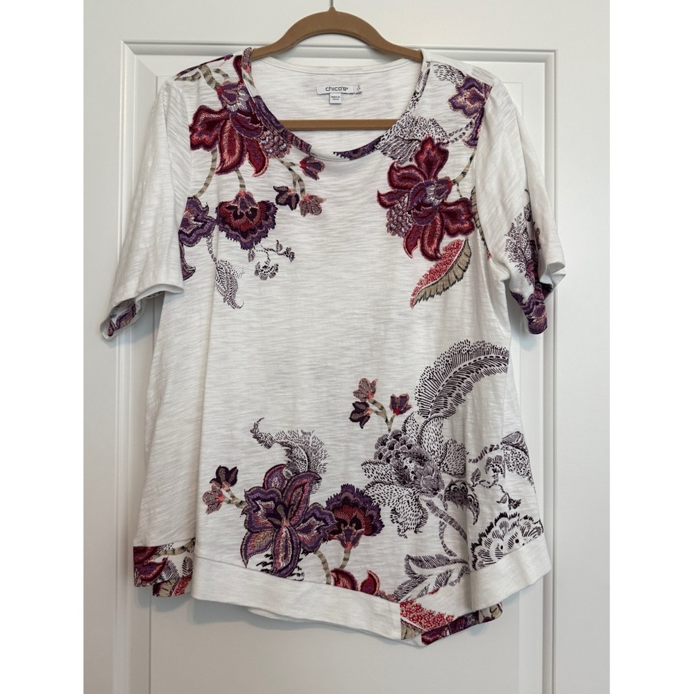 Chico's Cotton Floral Print Elbow Short Sleeve Tee Shirt Large Chicos 2